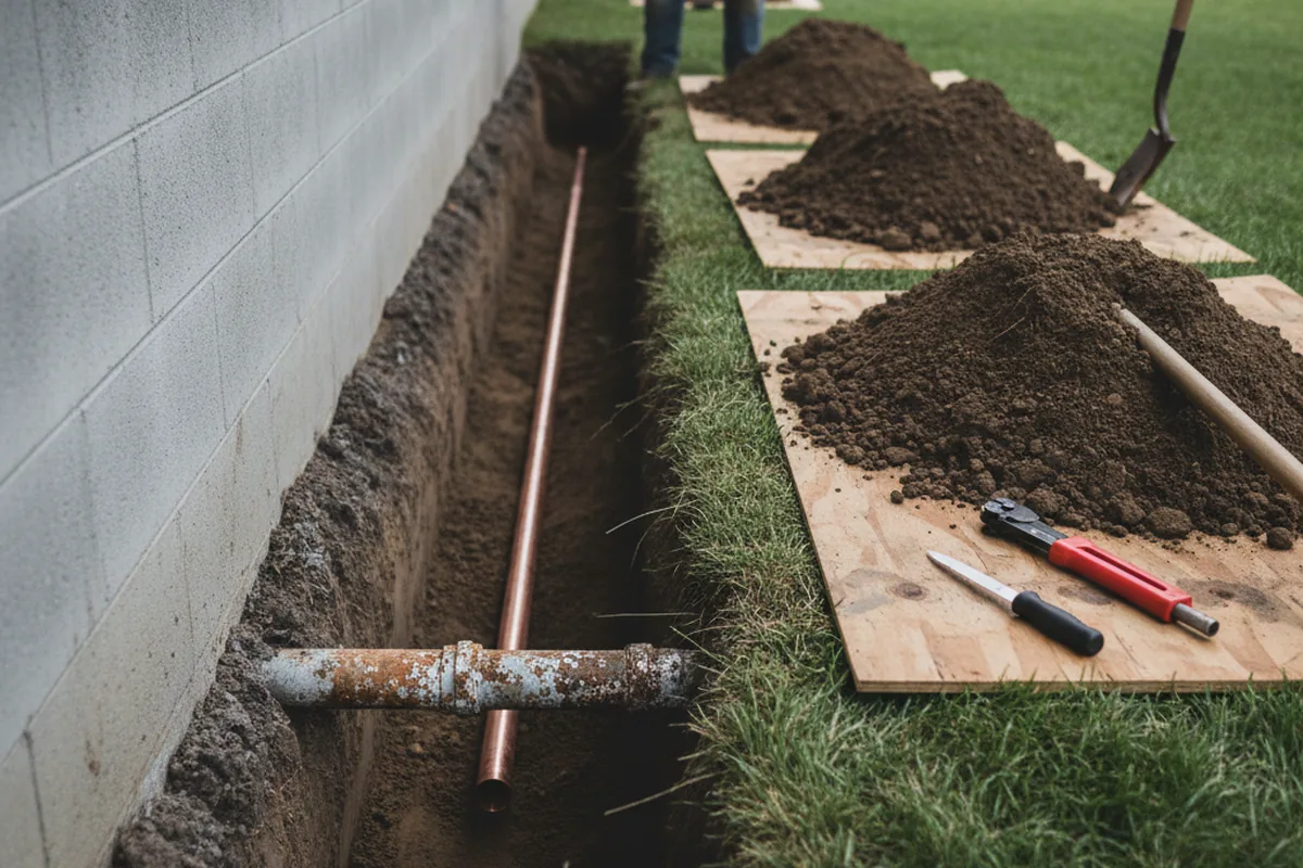 Excavated water line trench during Sewer Line Repair in Rushville